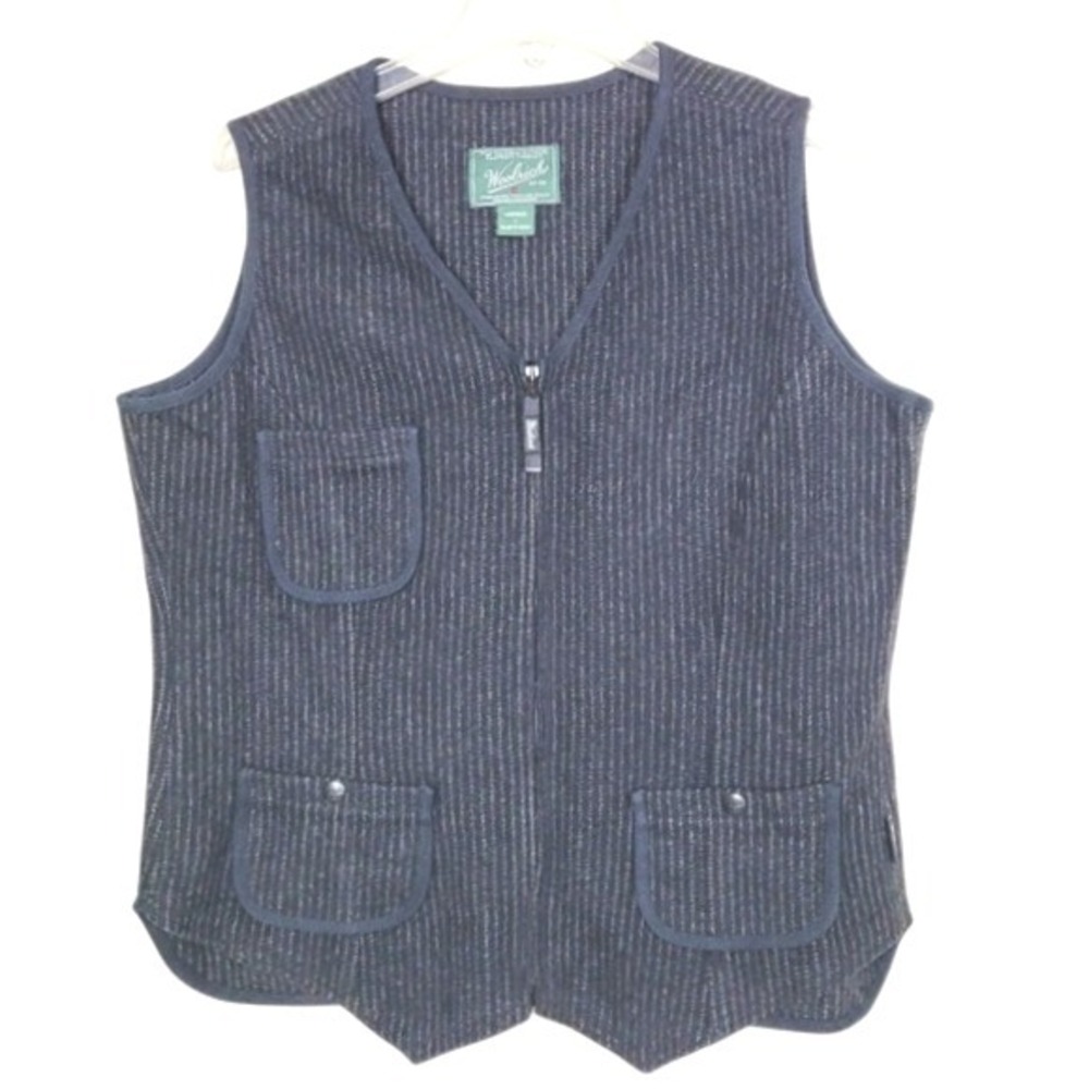 Woolrich Vintage Black Pinstripe Wool Blend‎ Full Zip Cinch Back Vest  Medium